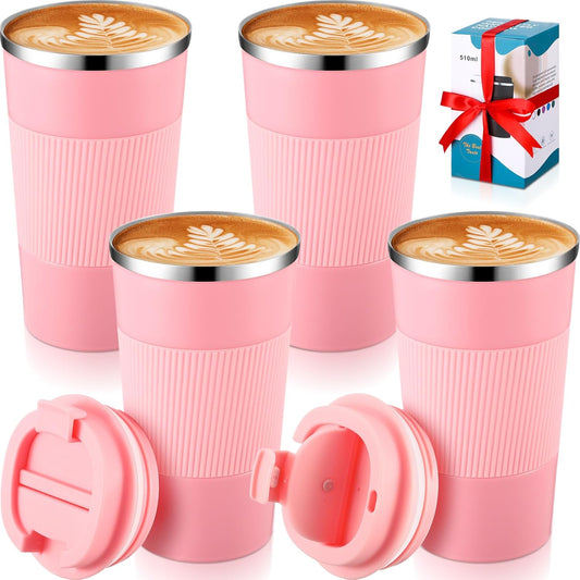 Sabary 4 Pack 16 oz Bulk Travel Coffee Mug with Lid Reusable Vacuum Insulated Coffee Tumbler Double Wall Thermal Stainless Steel Camping Tea Cup for Christmas Winter Drinks Employee Gift(Pink)