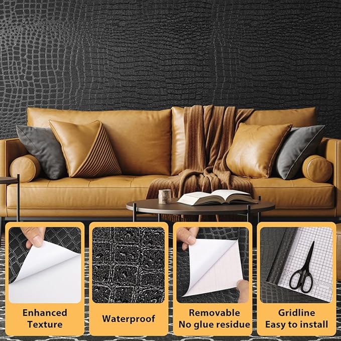 Arthome 17"×393" Black Crocodile Peel and Stick Wallpaper, Charcoal Black - Image 2