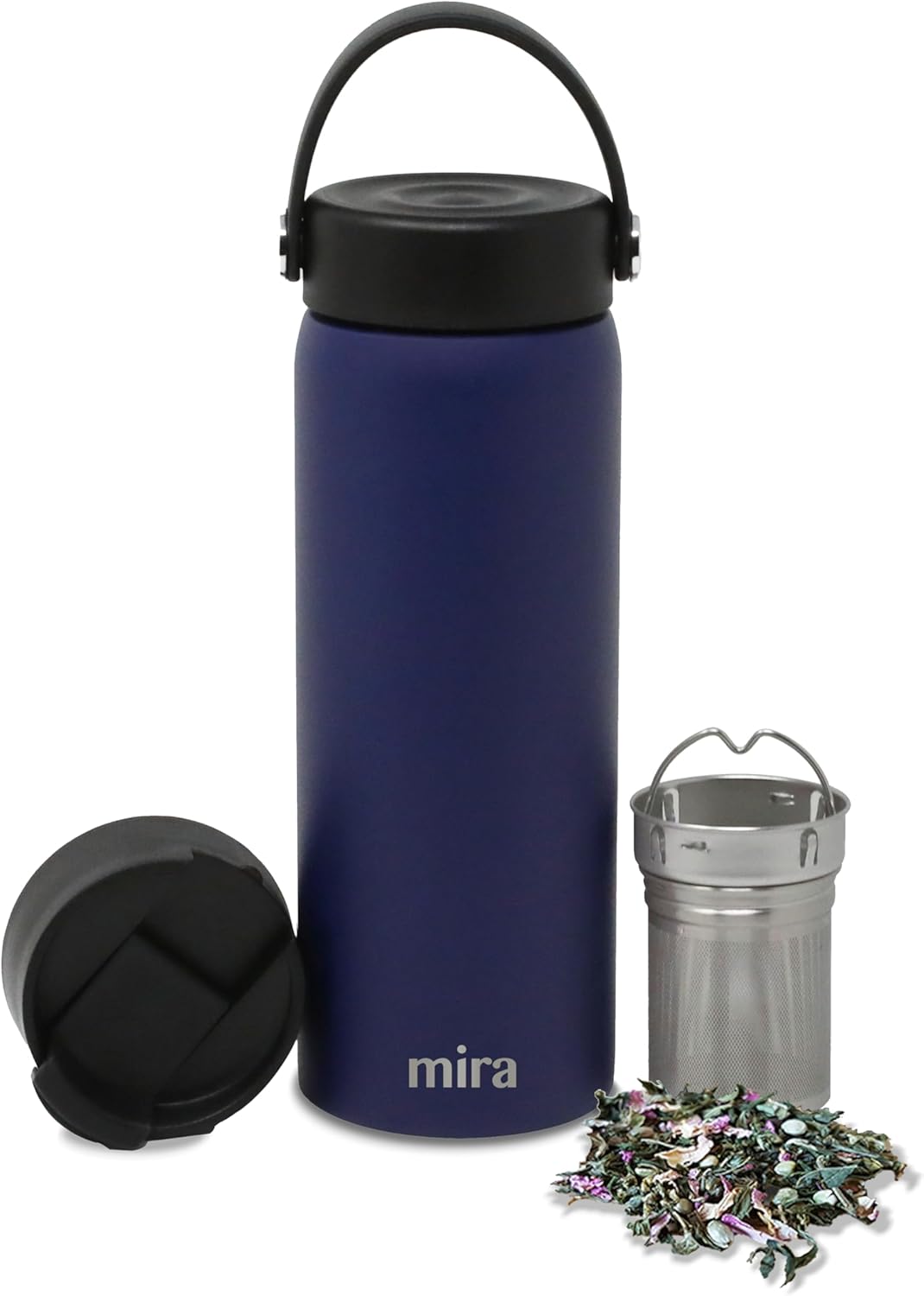 MIRA 18 oz Tea Infuser Thermos - Stainless Steel Travel Bottle with Removable Strainer for Loose Leaf Tea - Insulated Hot & Cold Brew Steeper - Marine