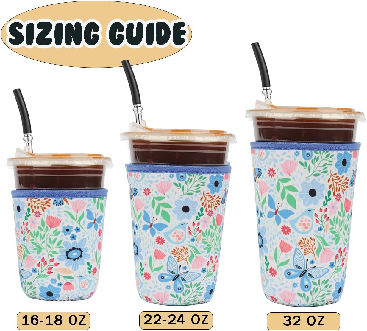 Reusable 3-Pack Iced Coffee Cup Sleeve, Insulated Neoprene, Beverage Holder for Iced Coffee, Durable Drink Sleeve for Cold Beverages, Butterfly Bloom
