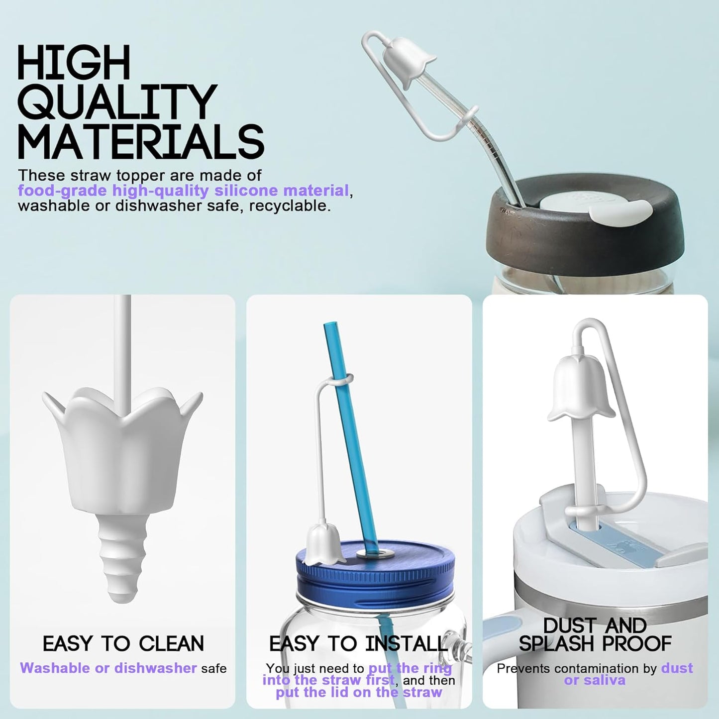 9Pcs Silicone Straw Covers for Stanley Yeti Tumbler Cup, Reusable Drinking Straw Cap Easy to Clean, Dust-Proof Flower Straw Topper Compatible for 6-10m/0.23-0.4inch Straws(White)