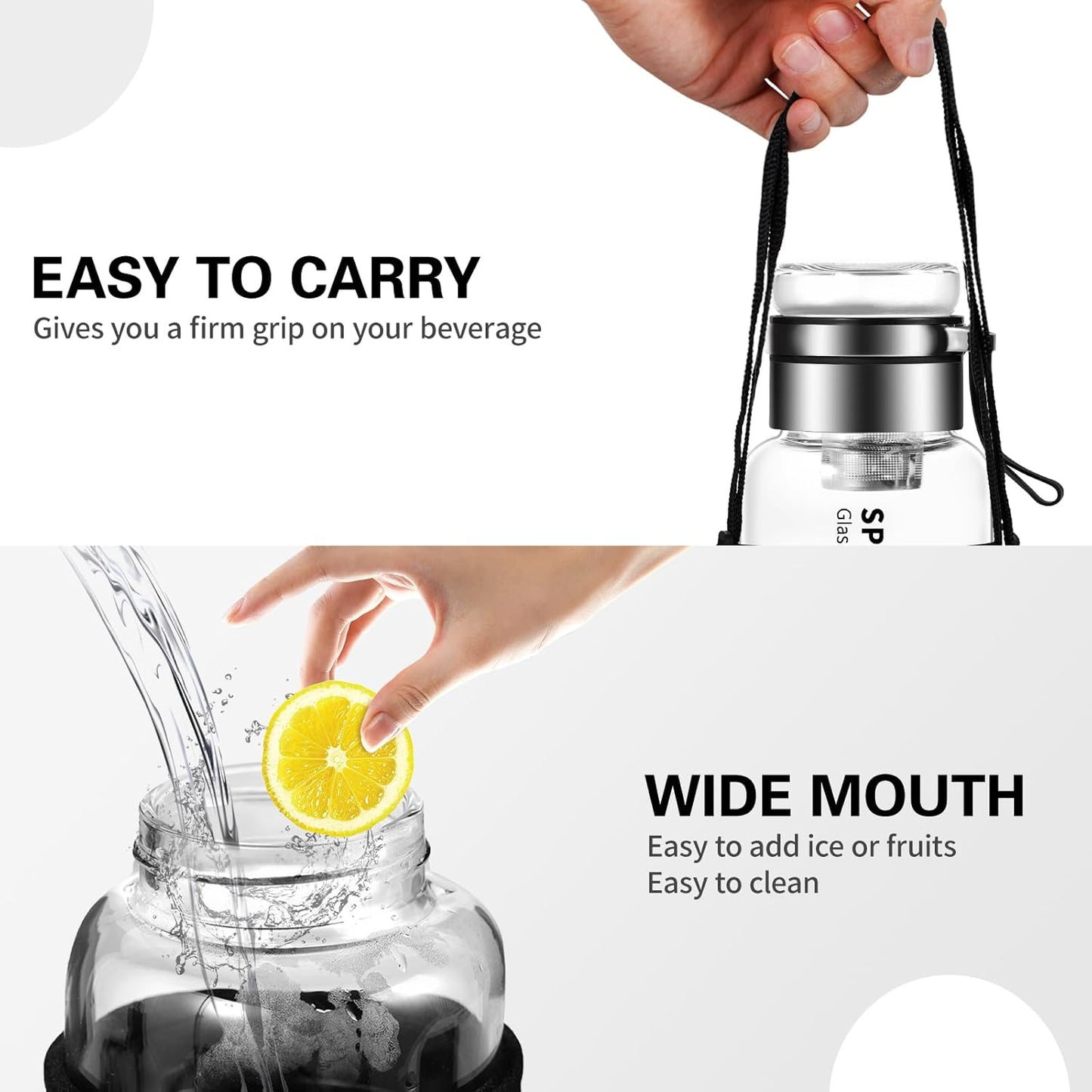 40 oz Glass Water Bottles - Large, Clear, Borosilicate Glass Water Bottle with Stainless Tea Infuser - Cup-Function Lid, Neoprene Sleeve, Strap - Wide Mouth BPA free, for Tea, Beverages, Juice