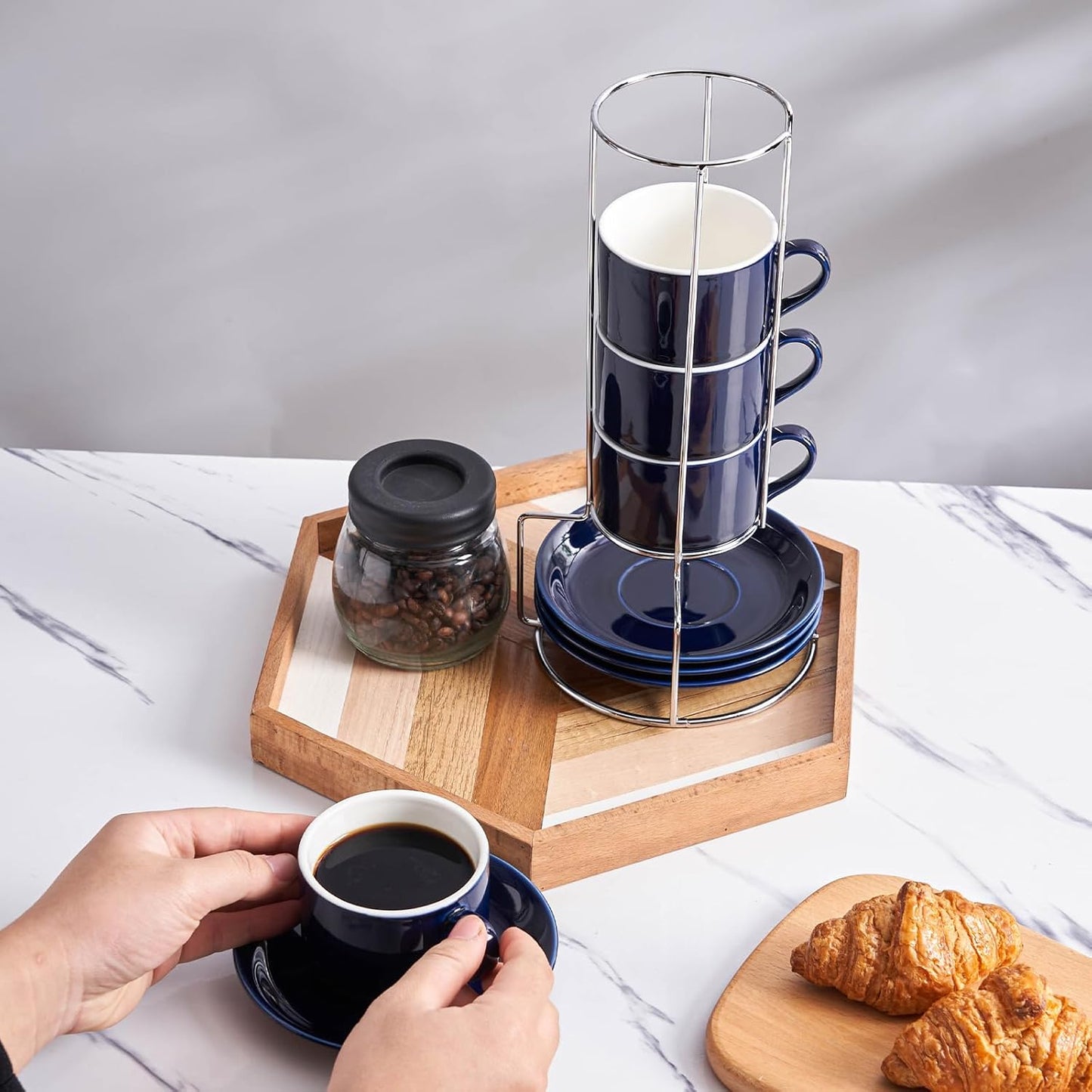 8 Ounce Porcelain Cappuccino Cups with Saucers and Silver Stand, Navy Cups Set of 4