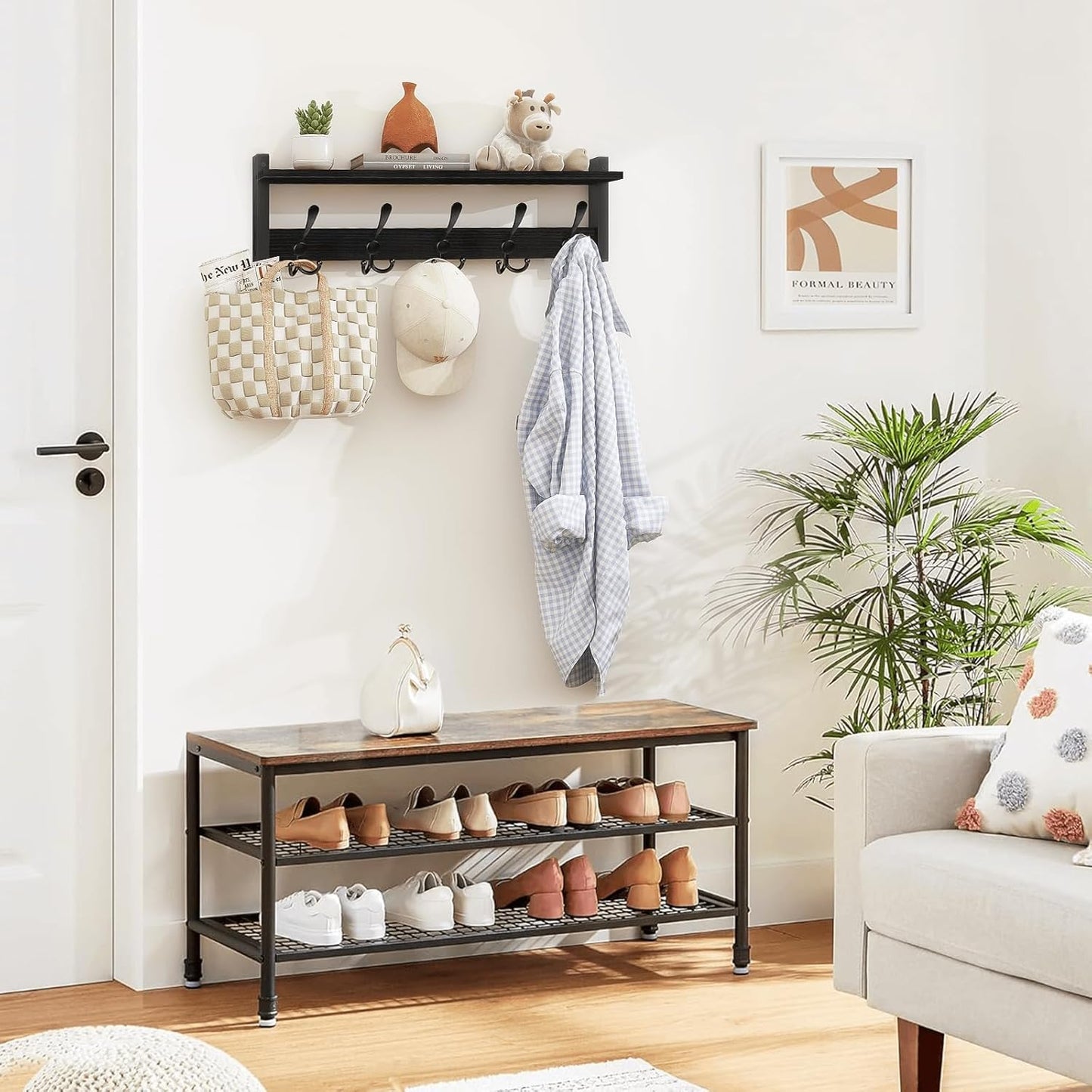 Homode Coat Rack with Shelf, 24" Coat Hooks Wall Mounted with Shelf, Wooden Hanging Coat Hanger with Tri Hooks for Entryway, Bathroom, Mudroom, Bedroom, Black