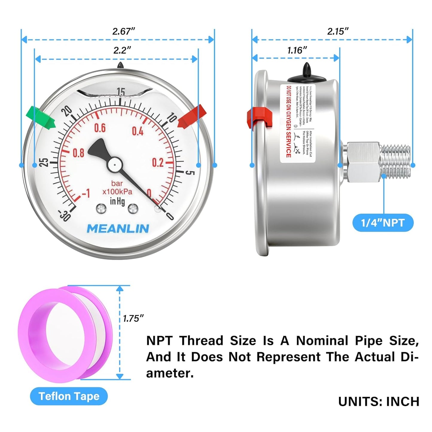 MEANLIN MEASURE -30inHG~0Psi Vacuum Pressure Gauge 316 Stainless Steel Joint 1/4" NPT 2.5" FACE DIAL, Stainless Steel Liquid Filled Pressure Gauge WOG Water Oil Air Back Mount, 2PCS Snaps