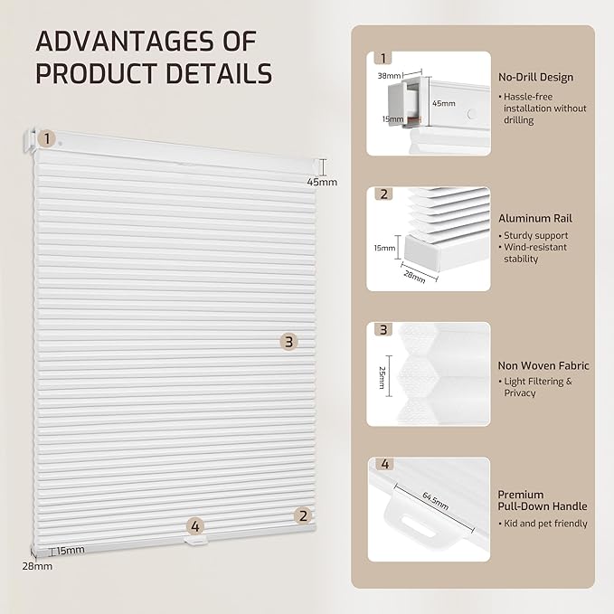 Grandekor No Drill No Tools Cordless Cellular Shades, 32.5" W x 64" H, Light - Image 9