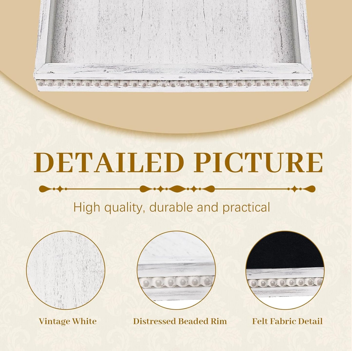 MAONAME Wood Serving Tray, Farmhouse Wooden Tray for Coffee Table, Rustic Rectangle Trays with Beads, Vintage White Decorative Trays for Living Room, Kitchen, 15.7" X 11.8" X 1.57"