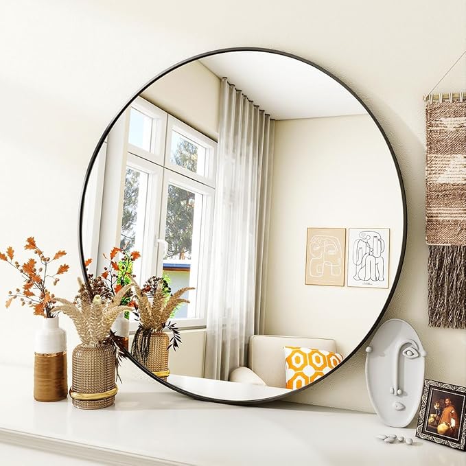 VooBang Black Round Bathroom Mirror, 30 inch Circle Wall Mounted Hanging Mirror - Image 2
