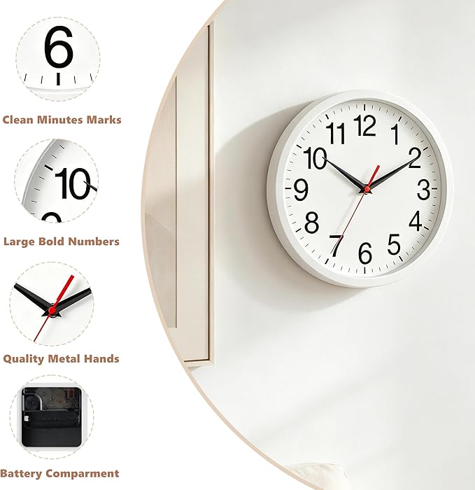 Rohioue Wall Clock Modern 10 Inch Battery Operated Silent Non Ticking Analog - Image 4