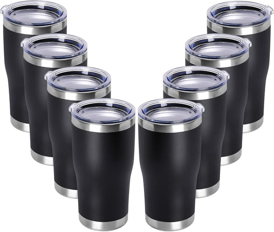 DOMICARE 20oz Tumbler with Lid Stainless Steel Tumblers Bulk, Double Wall Vacuum Insulated Coffee Travel Mug Powder Coated Tumbler, 8 Pack Black