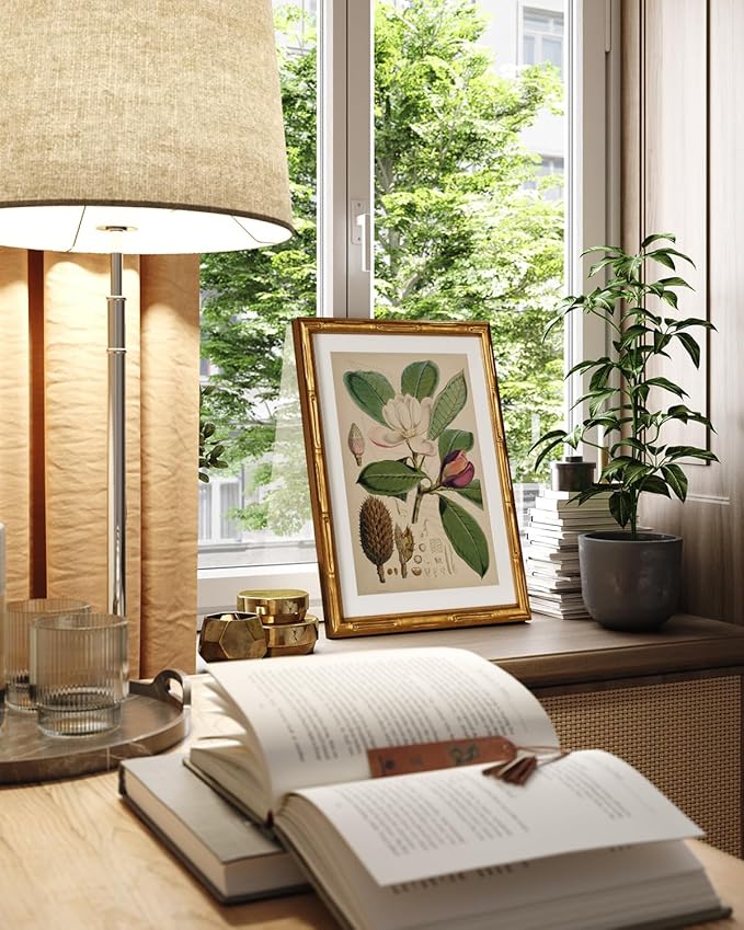 InSimSea Gold Bamboo Framed Canvas Wall Art, Retro Nature Magnolia Botanical - Image 2