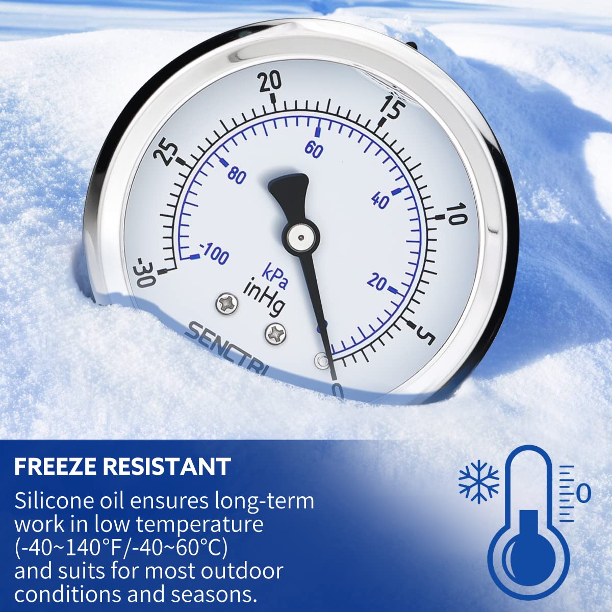 SENCTRL 30 inHg Vacuum Silicone Oil Liquid Filled Low Pressure Gauge, 2.5" Dial Size, 1/4" NPT Lower Mount, Stainless Steel Case, for Air Conditioning Manifolds, HVAC, Air Pump Vacuum Test