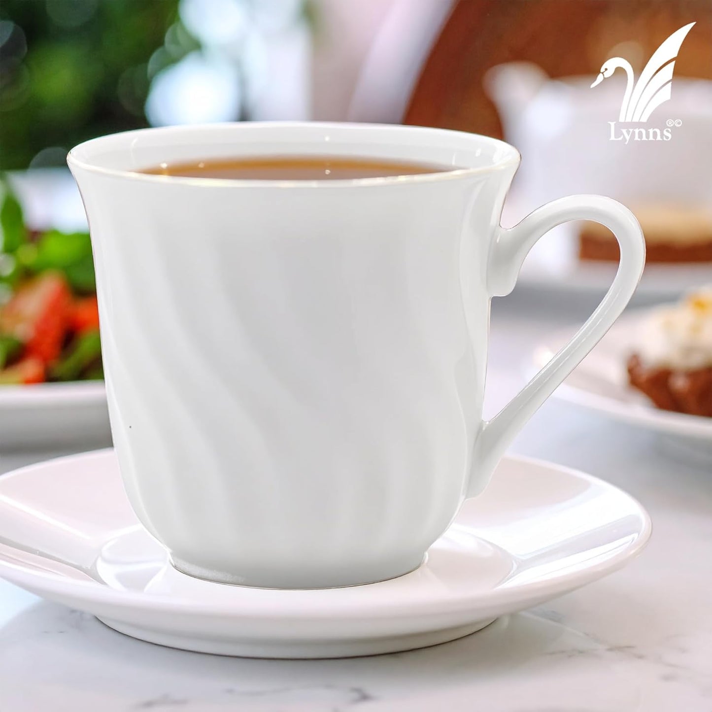 Lynns Paradise Imperial White 7oz Tea Cup Set – Embossed Porcelain Finish, Elegant for Daily Use, Vintage-Inspired Design – White Teacup and Coffee Cup Set, Porcelain Tea Cups, Service for 6