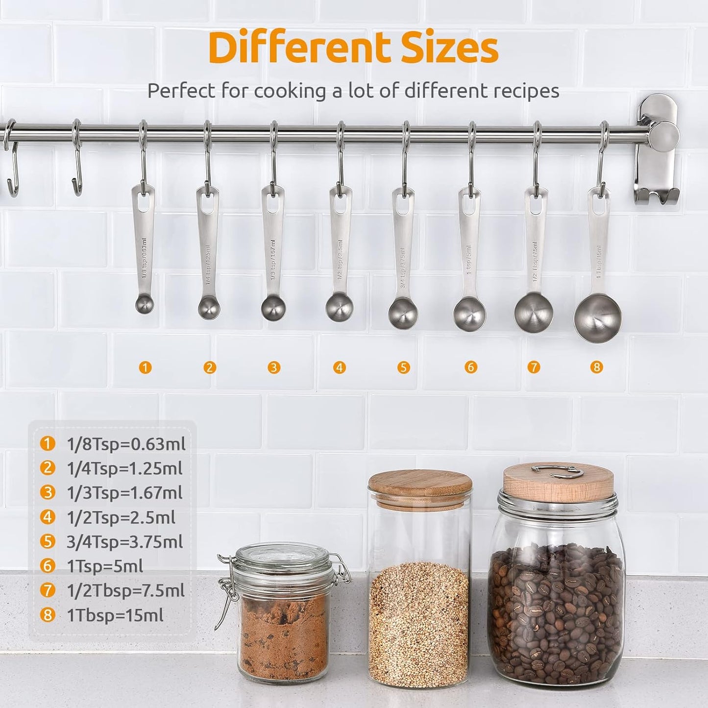 Measuring Spoons: U-Taste 18/8 Stainless Steel Measuring Spoons Set of 8 Piece: 1/8 tsp, 1/4 tsp, 1/3 tsp, 1/2 tsp, 3/4 tsp, 1 tsp, 1/2 tbsp & 1 tbsp Dry and Liquid Ingredients