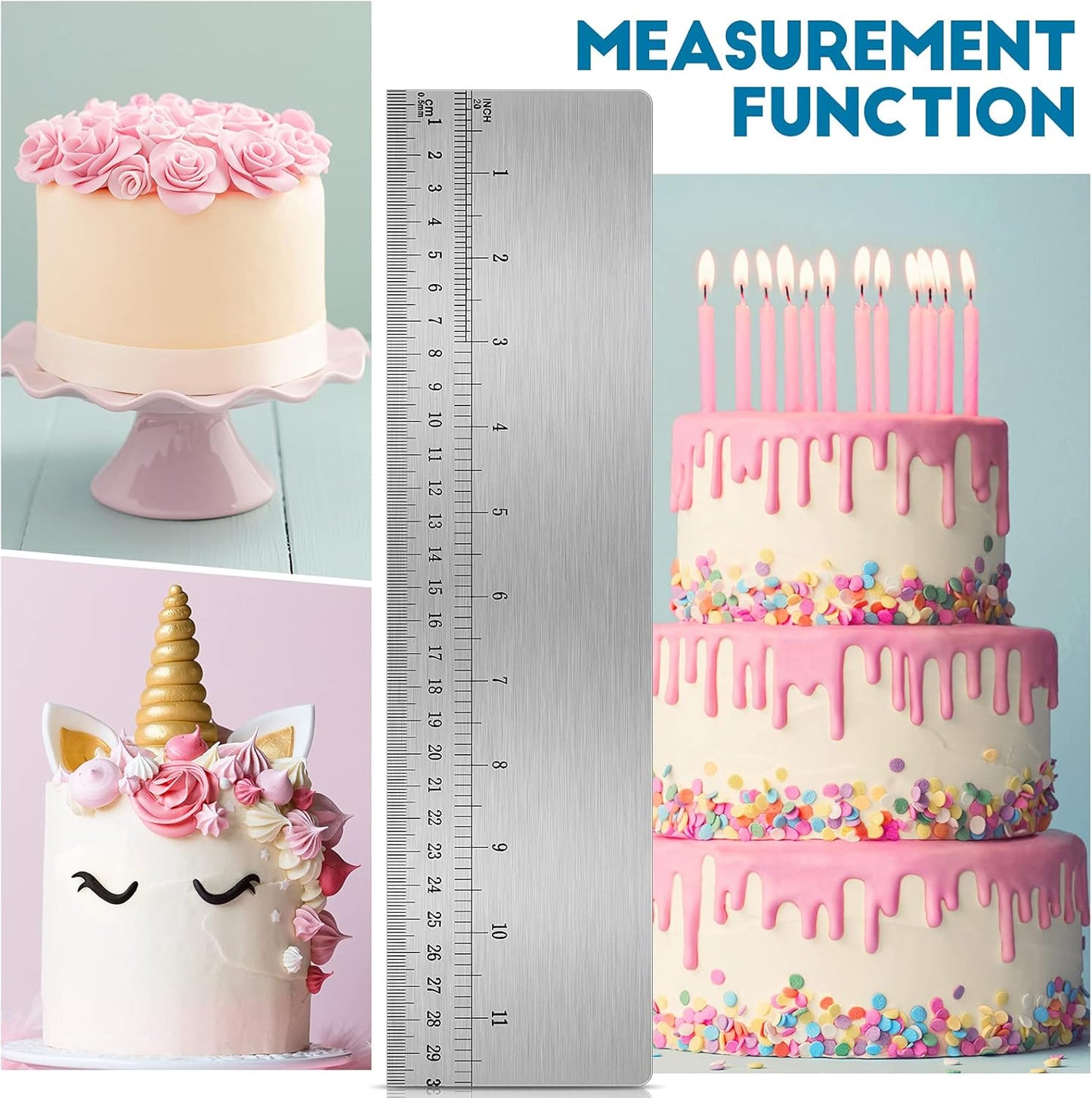 Nuenen 12 Inches Stainless Steel Cake Scraper with Scale Cake Edge Smoother Decorating Comb Baking Scraper Tool for Baking Measuring Buttercream Home Kitchen Accessory