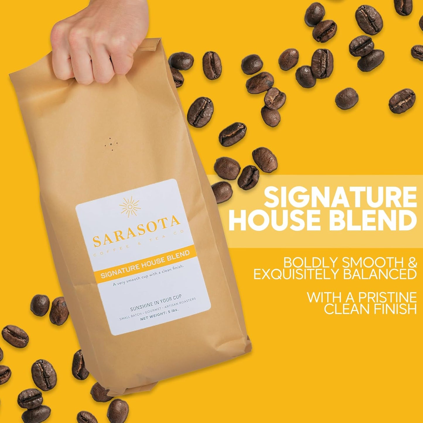 Sarasota Coffee Whole Bean Signature House Breakfast Blend | Medium Roast Gourmet Coffee Beans | Low Acid, Mold Free, Specialty Grade Bulk Beans | 5lb (80 oz)
