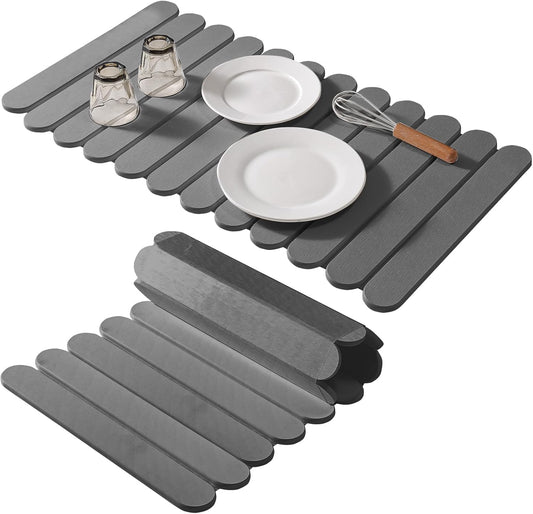 Extral Large Quick Dry Stone Drying Mat for Kitchen Counter,28"(L)x16"(W) Collapsible Eco-Friendly Absorbent Diatomaceous Earth Mat for Dishes Cups,Dish Drying Mats (Deep gray-Ellipse, 28x16 inch)