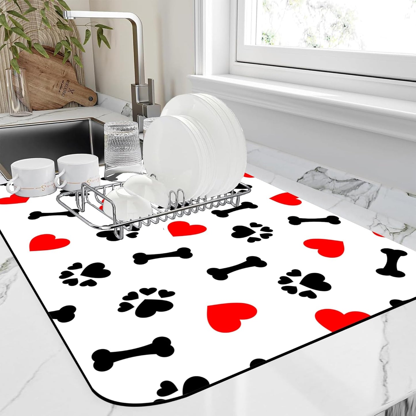Dish Drying Mat Cute Dog Bone Paw Print Red Heart Kitchen Mat 12"x19" Bsorbent Coffee Maker Mat for Dishes,Utensils Coffee Maker Pots and Pans Easy Clean Dish Slip Resistant Pad