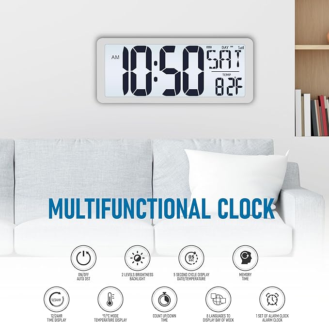 TXL Atomic Clock with Backlight, 14.2" Digital Wall Clock, Battery Operated - Image 2