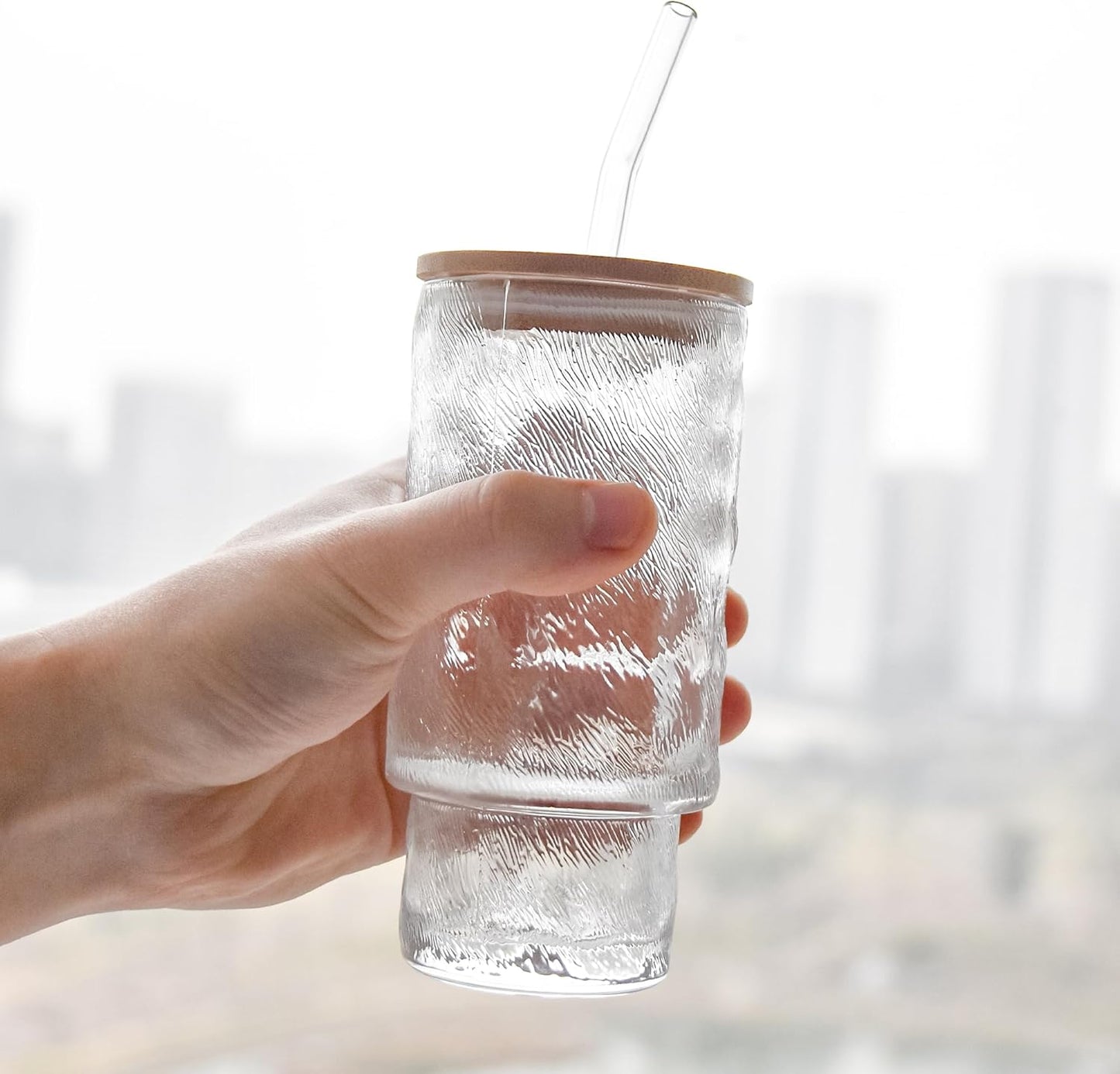 4 Pcs 11 oz Drinking Glasses Cups Set with Bamboo Lids Straws Brush Small Drinking Glassware Set for Juice Iced Coffee Cocktail Whiskey(Hobnail*4)