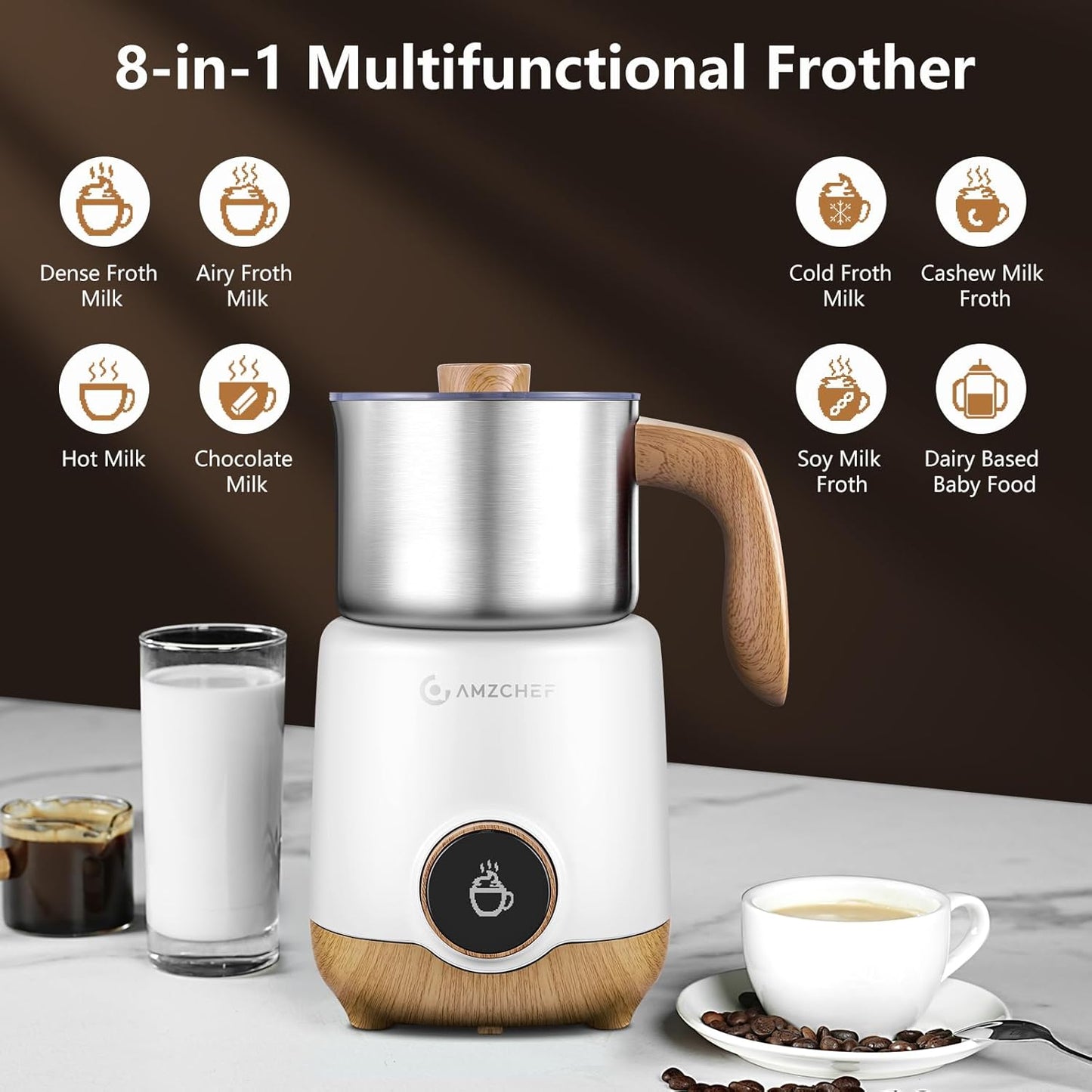 AMZCHEF 8-IN-1 Milk Frother and Steamer 550 Watts, 21 oz Split Stainless Steel Automatic Steamer, Milk's Warmer for Latte, Cappuccino, Hot and Cold Froth, Heated Milk, Hot Chocolate, Baby Food silver