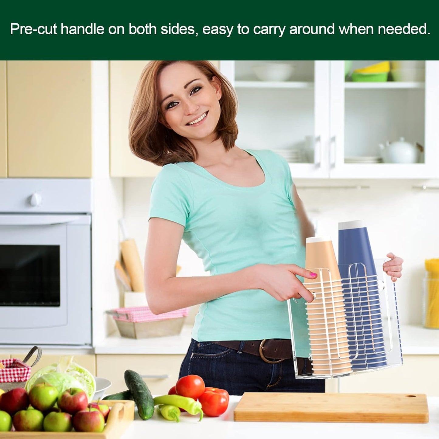 Disposable Coffee Cup Dispenser with Handles, Countertop or Wall Mount Hot/Cold Drink Cup and Lid Holder - Bathroom/Kitchen/Office Acrylic Cup Lid Storage Organizer (2 Compartments, Clear)