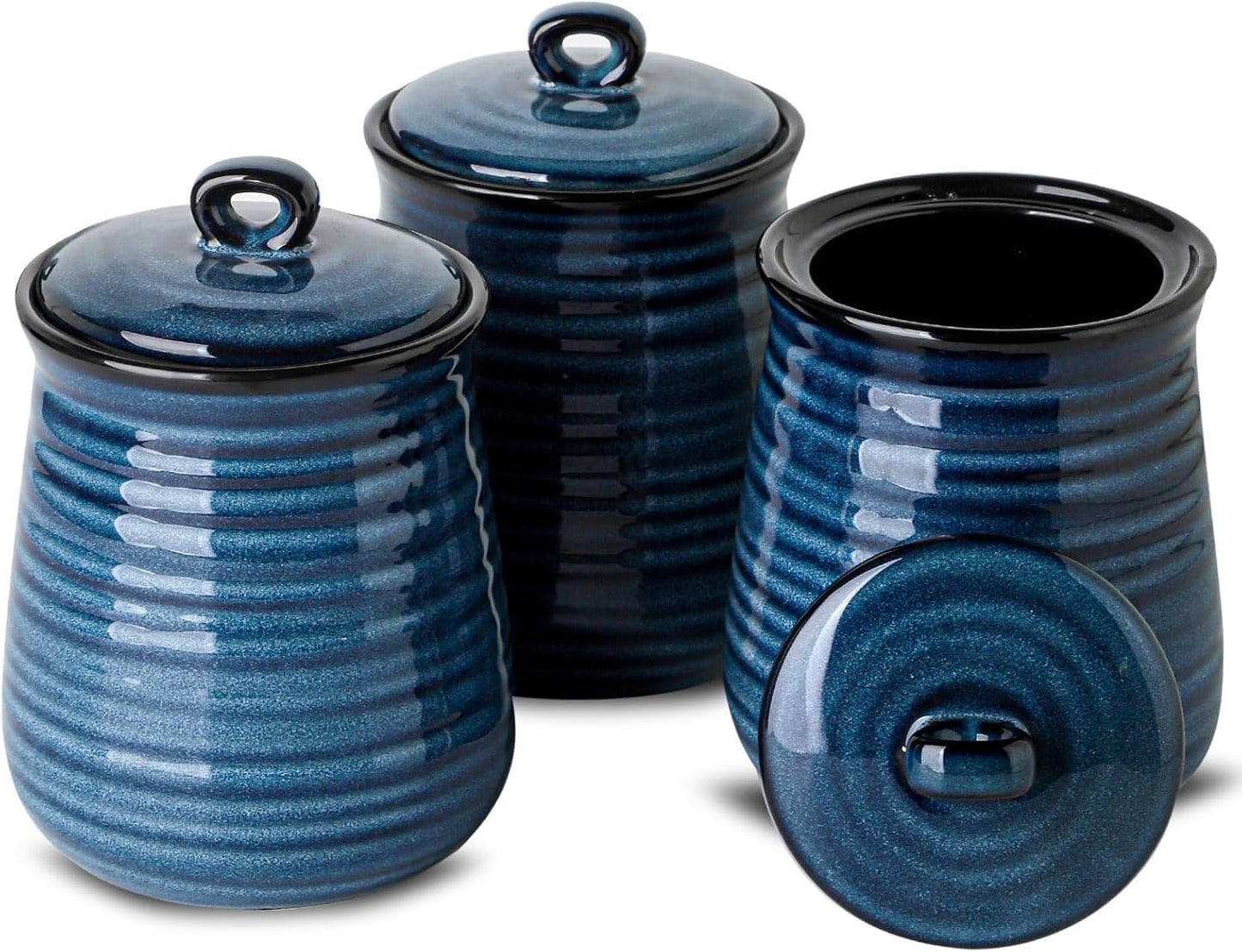 Ceramic Food Storage Jars,25 Oz Porcelain Kitchen Canisters with Airtight Lids Set of 3,Flour Containers for Countertop,Farmhouse Decor Serving Ground Coffee,Tea,Sugar,Pasta and Rice,Blue