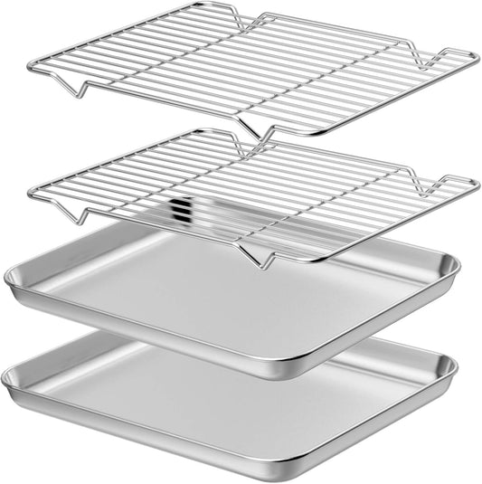 Wildone Baking Sheet with Rack Set [2 Sheets + 2 Racks], Stainless Steel Cookie Pan baking Tray with Cooling Rack, Size 12 x 10 x 1 Inch, Non Toxic & Heavy Duty & Easy Clean
