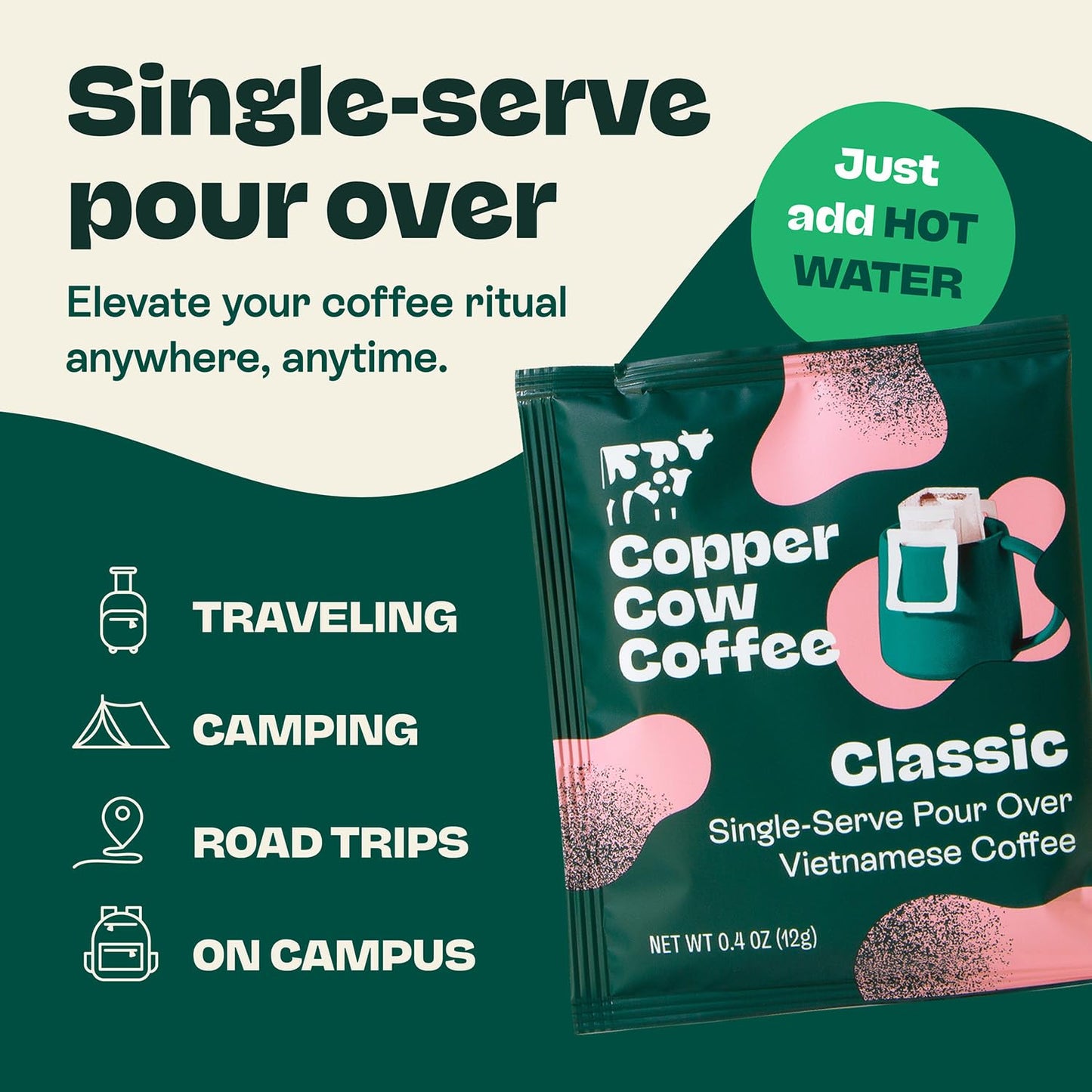Copper Cow Premium Pour Over Single-Serve Vietnamese Coffee | Classic Black, Churro | Dark Roast | Includes 16 Coffees