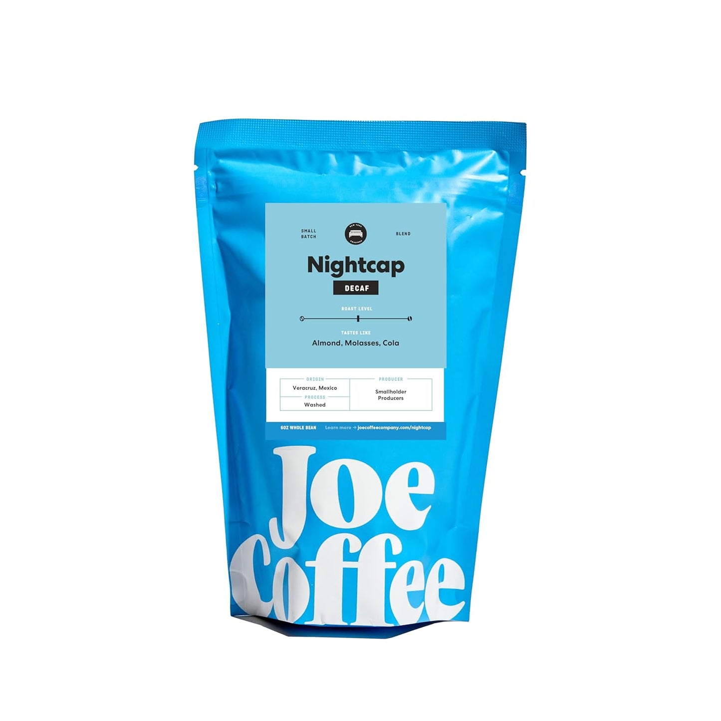 Joe Coffee Company - Nightcap Decaffeinated Whole Bean Specialty Coffee, 6 oz Bag | NYC Roaster, Rainforest Alliance Certified, Kosher, Climate-Friendly