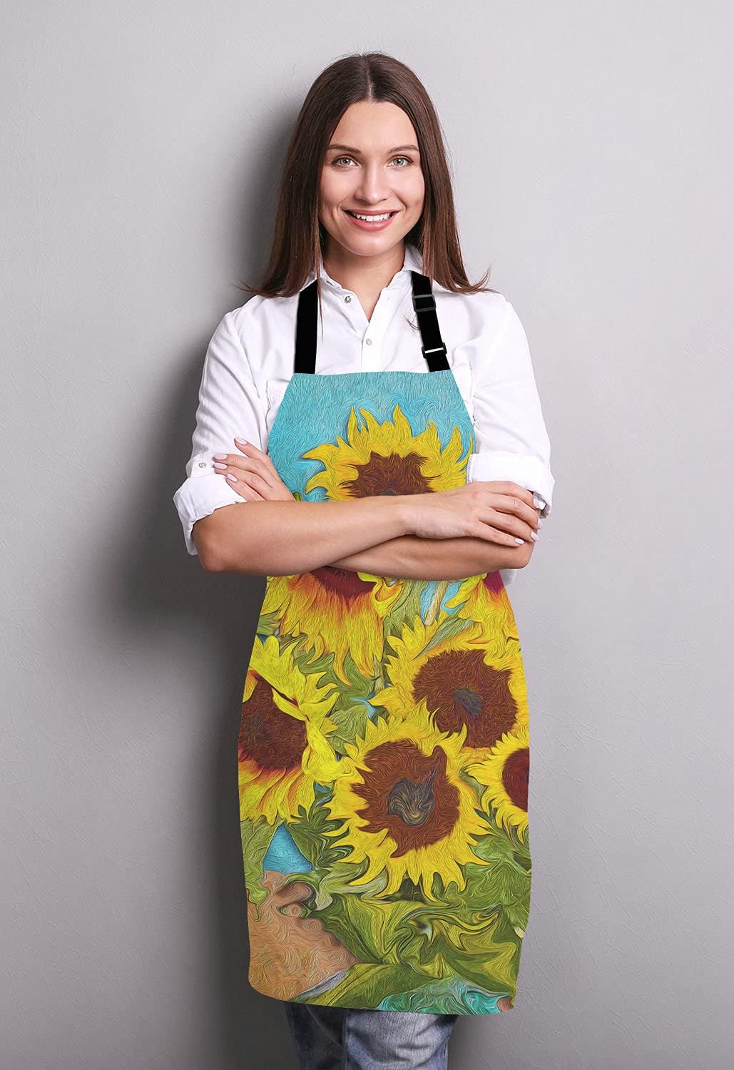 Apron, Oil Painting Sunflower Unisex Kitchen Bib with Adjustable Neck for Cooking Gardening,Adult Size