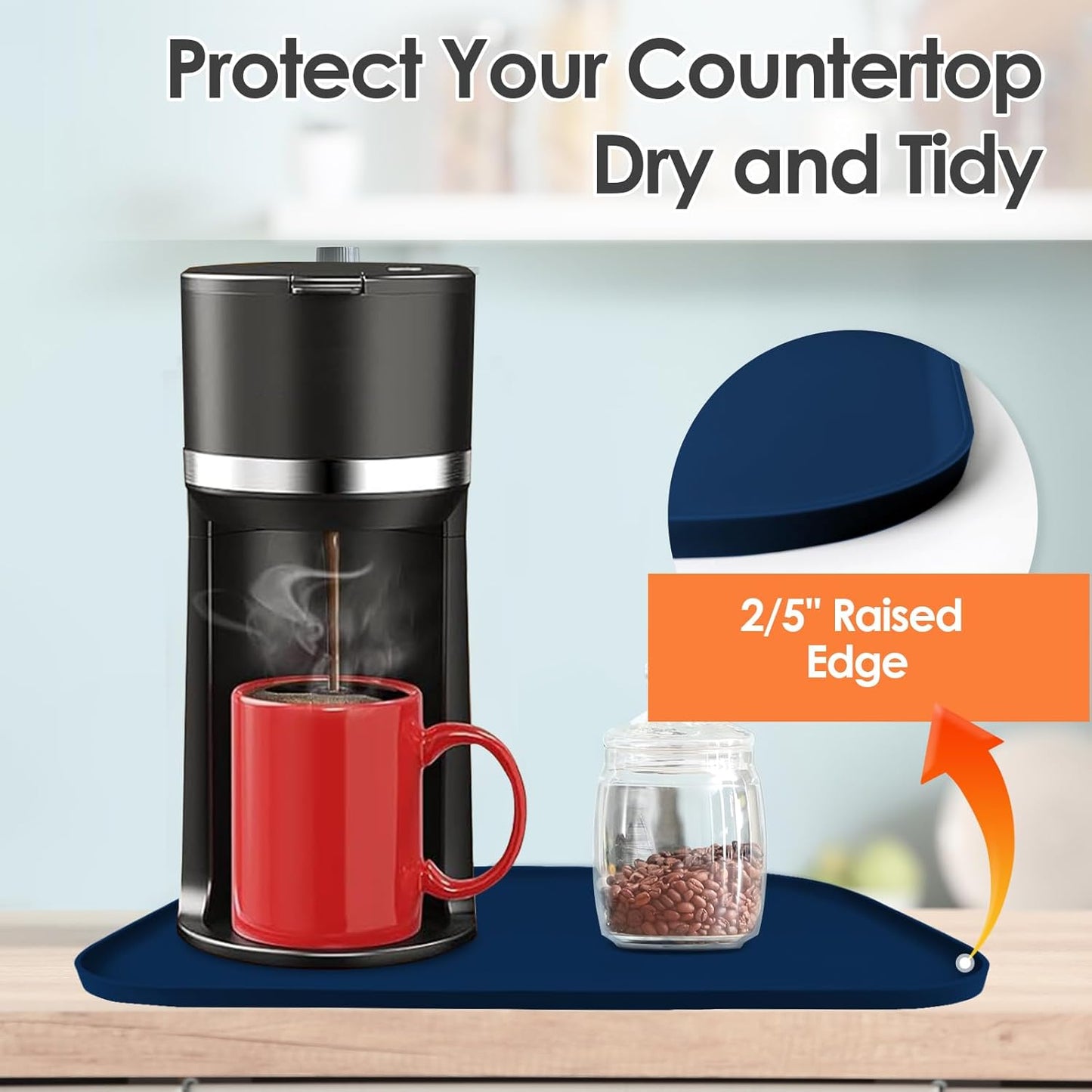 Silicone Coffee Maker Mat with Lip, 17.4'' x 10.6'' Heavy Duty Coffee Maker Mat for Countertops, Coffee Tray Fit Under Coffee Machine Appliance Automatic Machines Espresso Accessory, Navy Blue