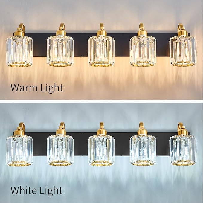 Black Gold Crystal Vanity Light Over Mirror 5 Lights Bathroom Wall Lighting - Image 7