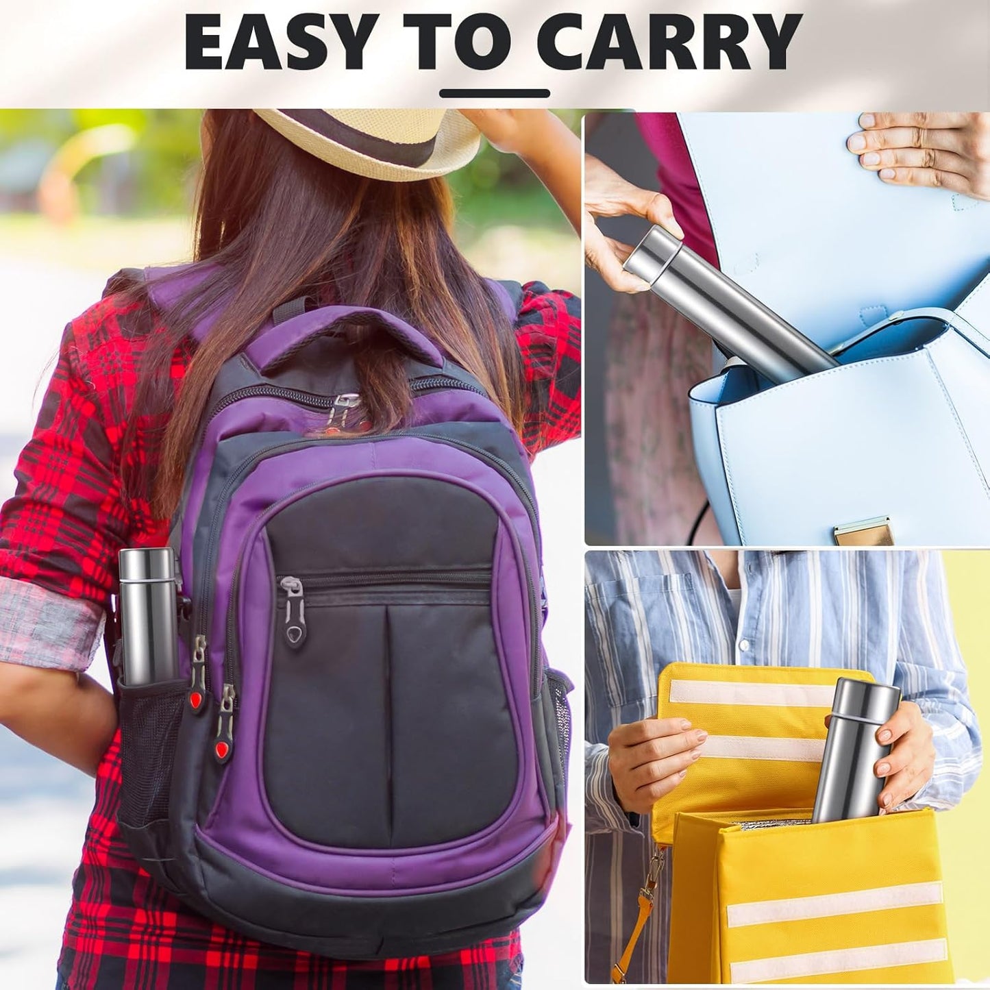 Vesici Slim Water Bottle 8.8 oz Small Stainless Steel Purse Compact Insulated Water Bottles Camping Travel Backpack Pocket Flask for Car Cold Coffee Tea(Silver,1 Pack)