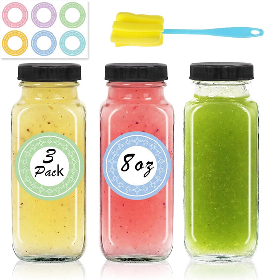 3 pack 8 oz Glass Juice Bottles with Lids, 250 ml Reusable Glass Water Bottles, Empty Drink Containers Drinking Jars with Brush, for Milk, Juicing, Kombucha, Ginger
