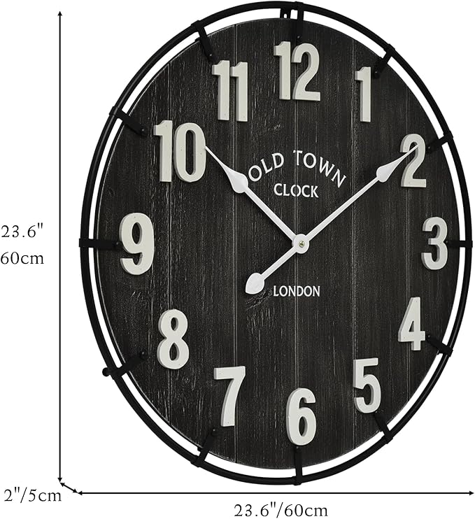 EMAX HOME Large Old Town Farmhouse Black Wall Clock 24 Inch Rustic Antique Wood - Image 4