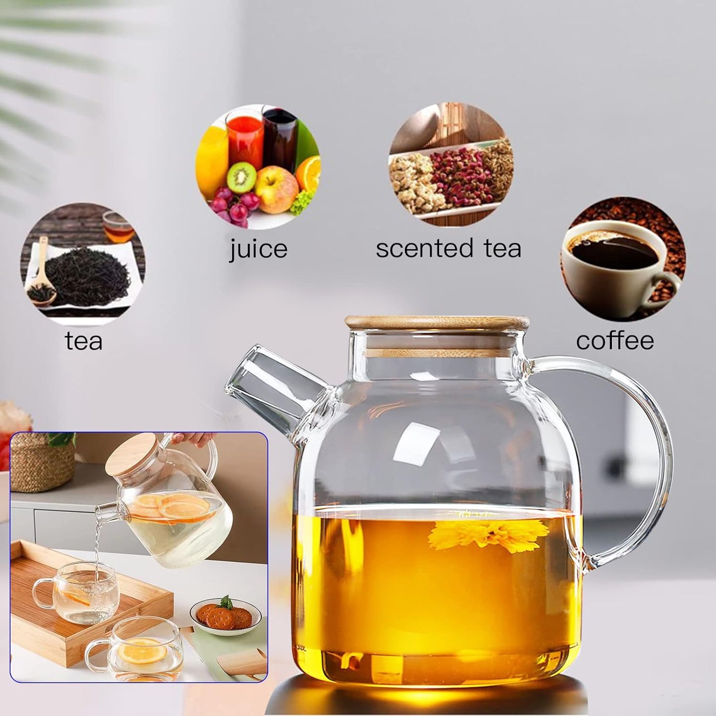 Glass Teapot 50.7oz/1500ml, Stovetop & Microwave Safe Borosilicate Tea Pot,Clear Teapot with Strainer, Glass Tea Kettle with Wooden Lid for Loose Leaf、Fruit Tea and Fragrant Tea