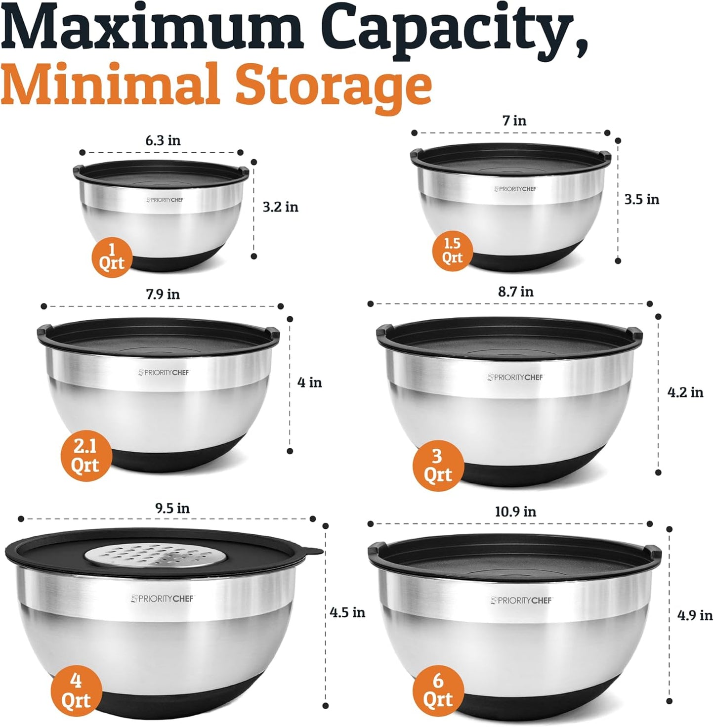 Priority Chef Stainless Steel Mixing Bowls with Lids Set - Premium 30Pcs with 6pc Metal Bowl Set for Kitchen, 3 Graters, Airtight Lids, Non-Slip Bases & Silicone Utensils, Black