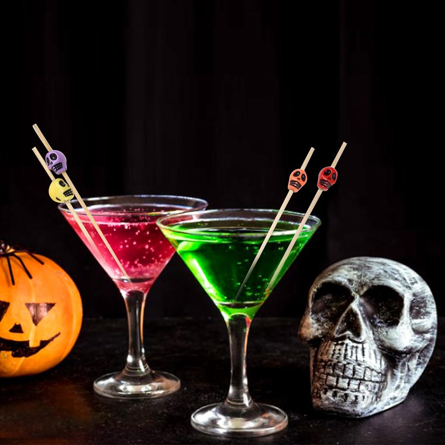 LOMIMOS 150pcs Halloween Skeleton Drink Topper, Colorful Cocktail Stick with Wood Toothpick for Cupcake Pool Party Ice Cream Fruit (4.7in)