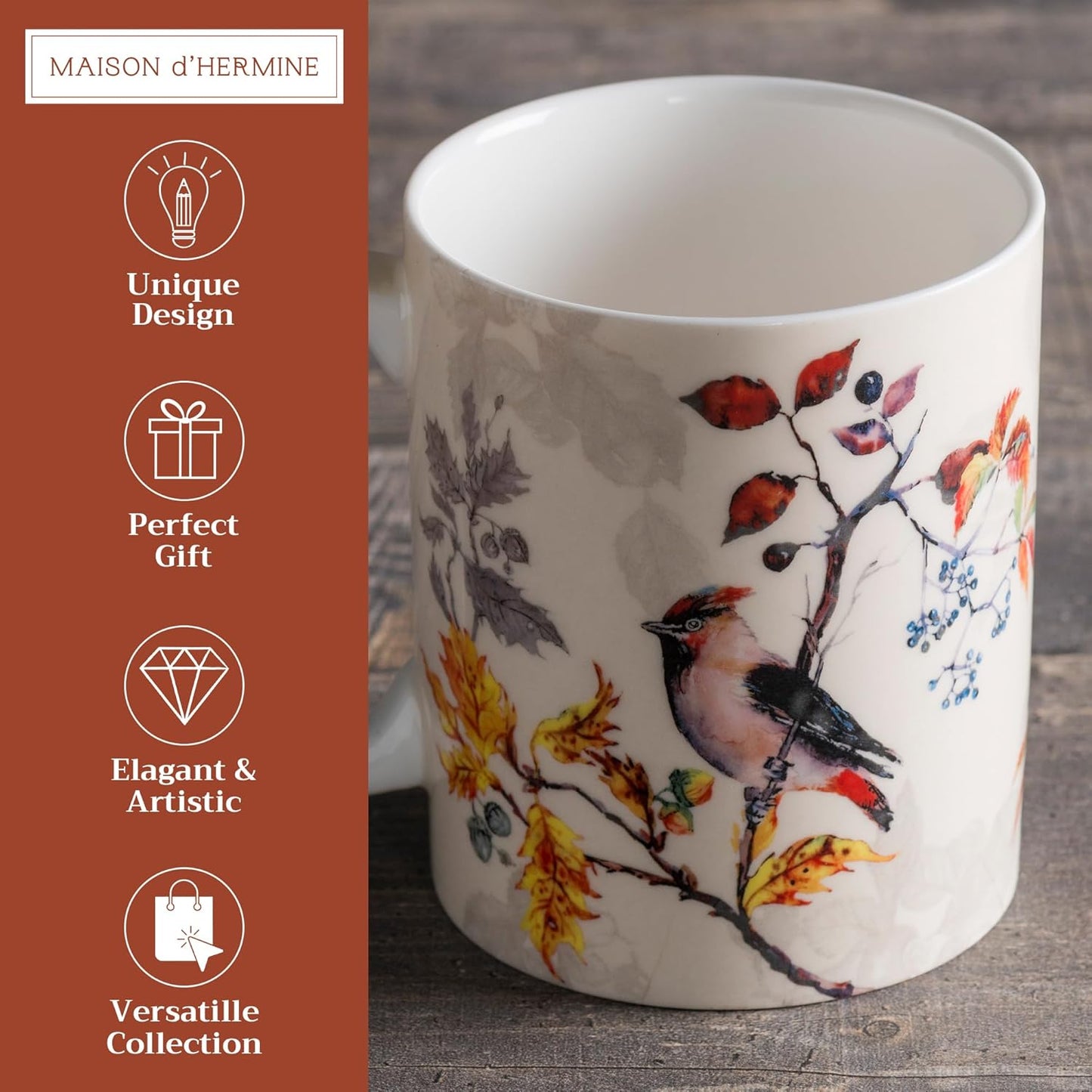 Maison d' Hermine Coffee Mug with Handles Fine Bone China Mugs Pack of One Tea Cups for Hot Beverages Cappuccino Latte Home Restaurant Office Perfect for Gift (Equinoxe - Beige Sparrows, 12 Ounce)