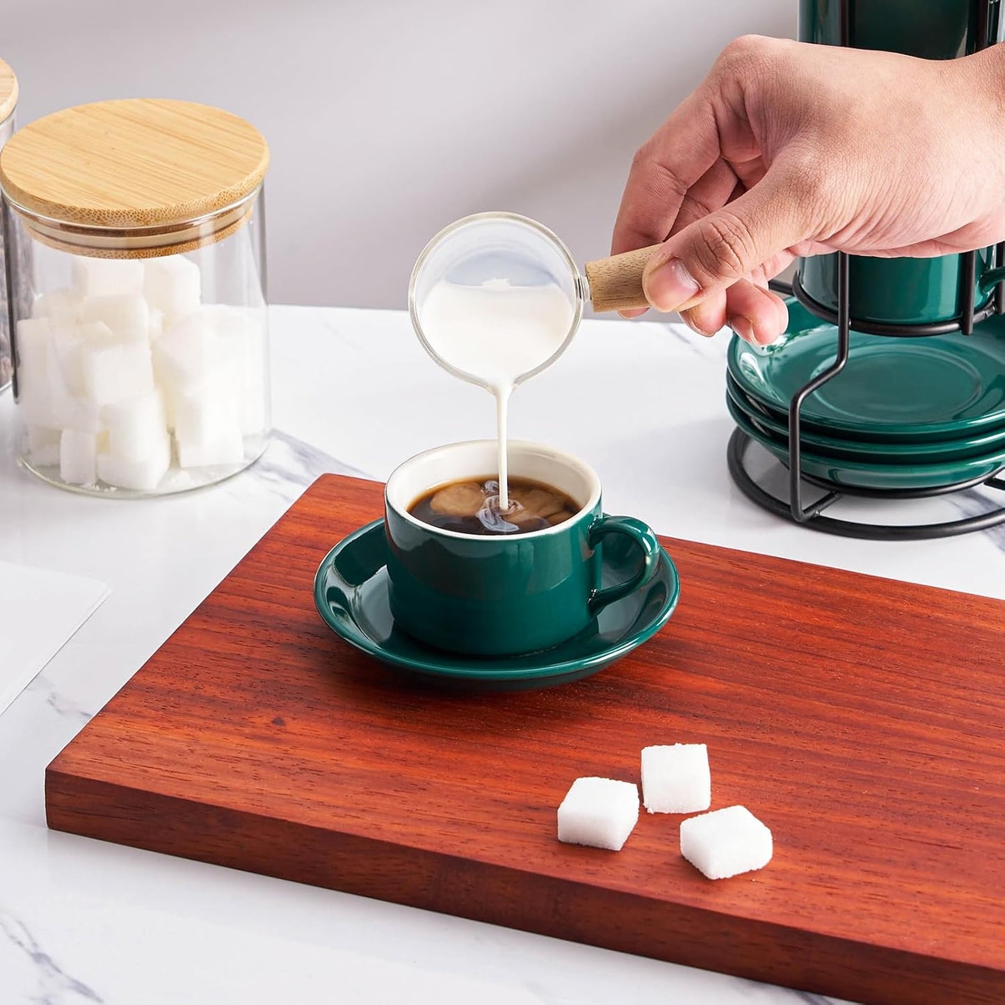 2.5oz Porcelain Stackable Espresso Cups with Saucers and Metal Stand Set of 4, Stackable Cappuccino Cups, Green Expresso Shots Cup Set for Coffee Drinks, Latte, Tea