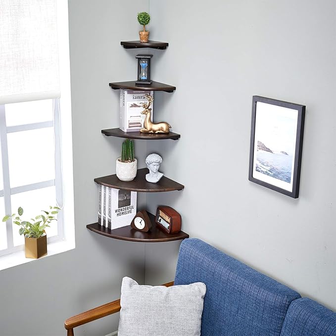 Corner Shelf, 16inch Walnut Solid Wood Floating Corner Shelves Wall Mount Round - Image 6