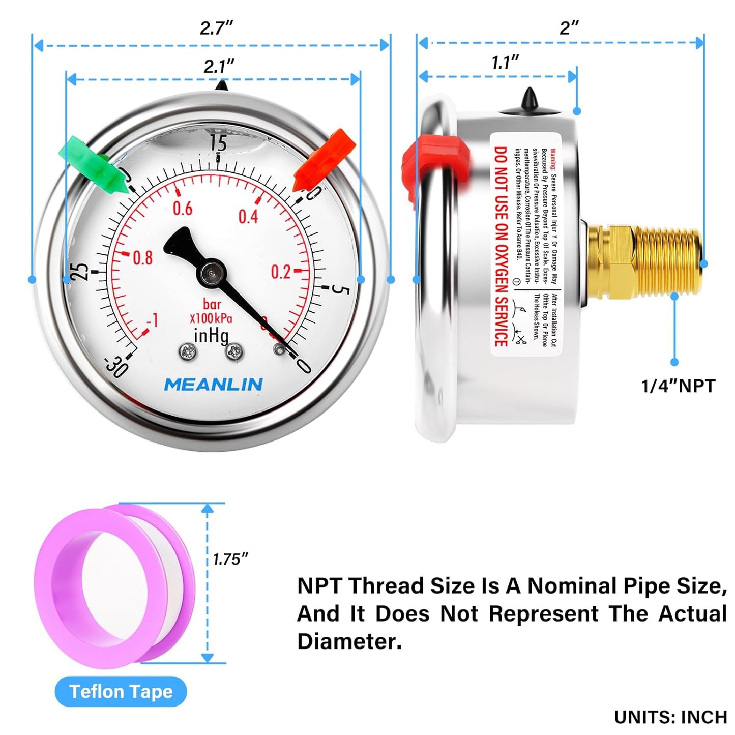 MEANLIN MEASURE -30inHG~0Psi Vacuum Pressure Gauge 1/4" NPT 2.5" FACE DIAL, Stainless Steel Liquid Filled Pressure Gauge WOG Water Oil Air Center Back Mount (with 2PCS Snaps)