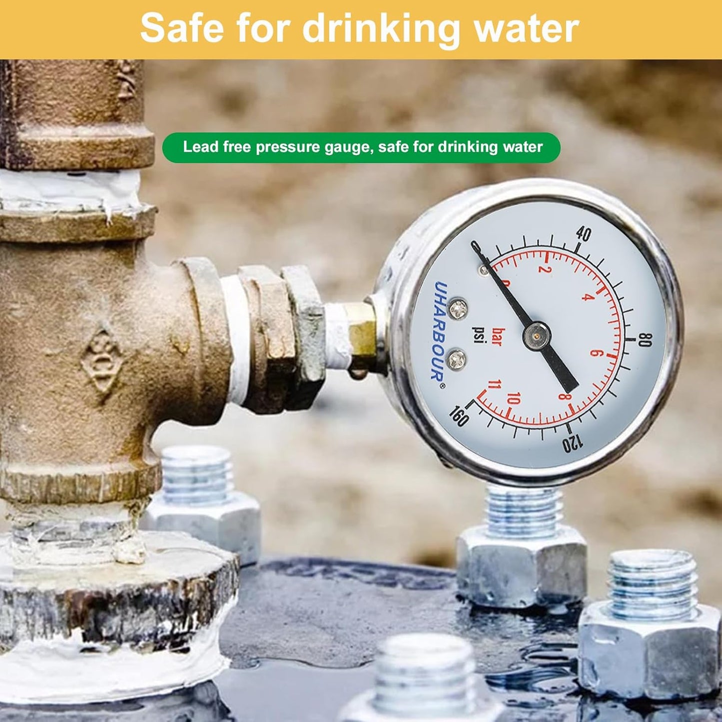 Lead-Free Pressure Gauge 0-160psi 1/4" NPT Lower Mount 2" Dial Stainless Steel Case, Pressure Gauge for Water Air RV