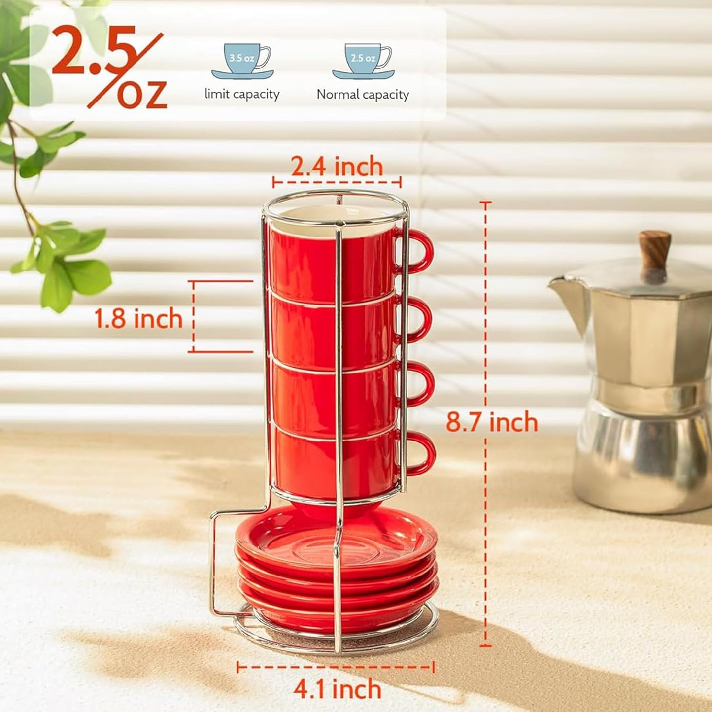 Sweese 2.5 Ounce Porcelain Stackable Espresso Cups with Saucers and Metal Stand Set of 4, Red