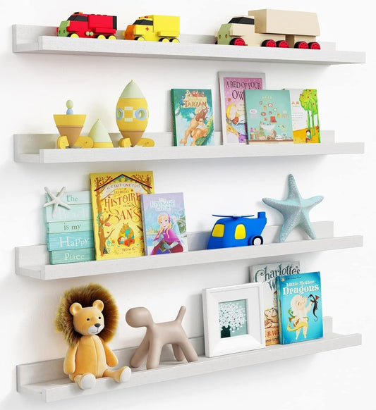 Forbena 36 Inch Floating Shelves for Wall 4-Pack, Large Nursery Book Shelves Bookshelf for Kids Bedroom, Long Picture Ledge Shelf with Lip for Living Room Photo Frames Art Display (White Solid Wood)