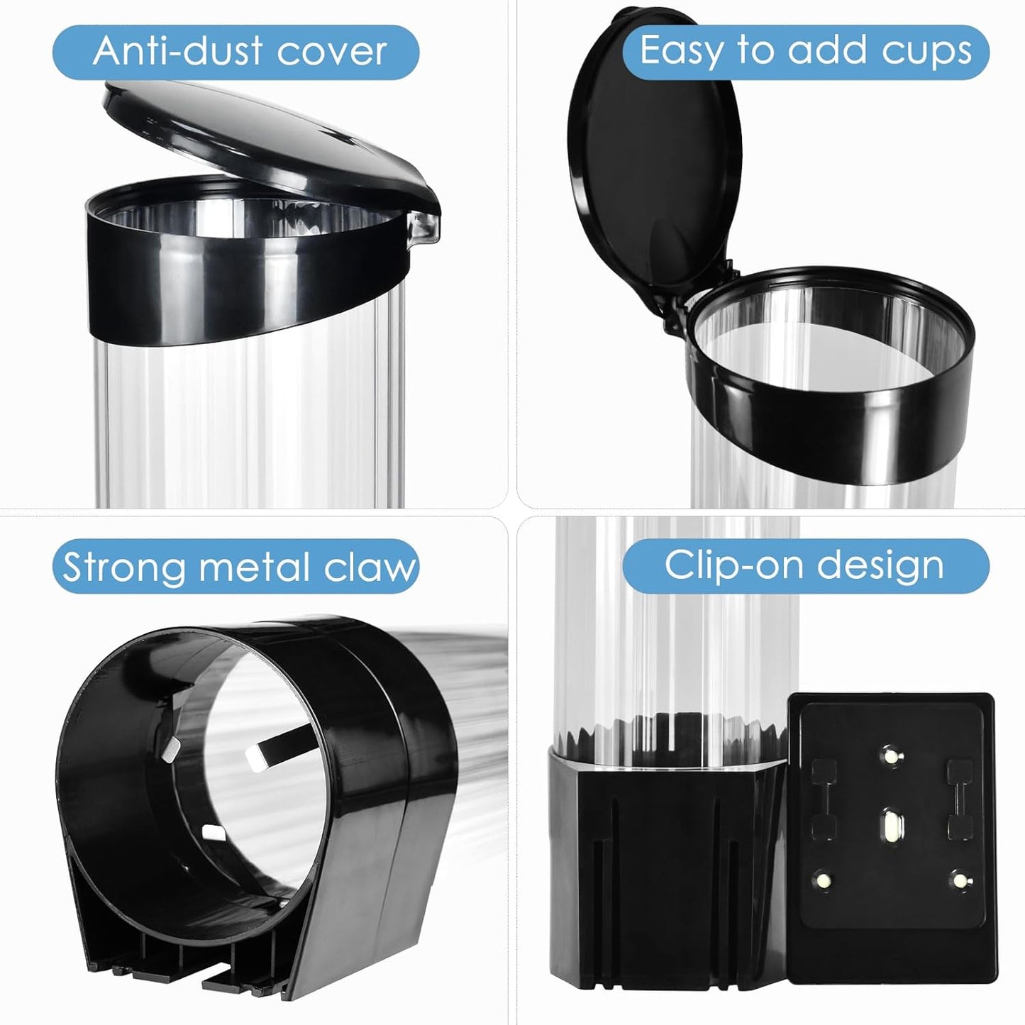 Medium Pull Type Cup Dispenser, Paste or Screw Plate Mountable Cups Holder, Fits 5oz - 7oz Cone or Flat Bottom Cups, 16” Tube Length, Mounting Water Dispenser Cooler or Wall (Medium, Black)