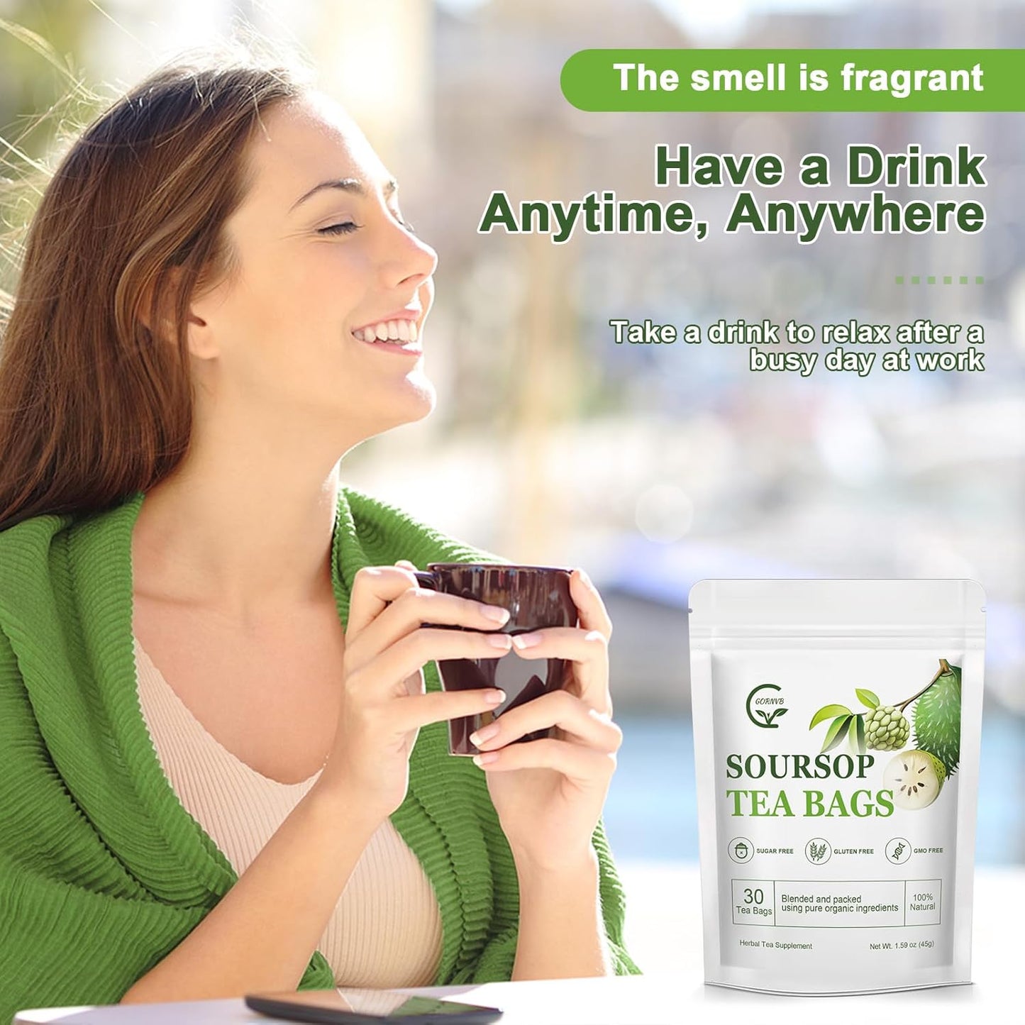 Organic Soursop Leaf Tea Bags | Annona Muricata Herbal Tea for Relaxation & Wellness | Caffeine-Free, Antioxidant Rich | 30 Count | Gluten-Free, Non-GMO