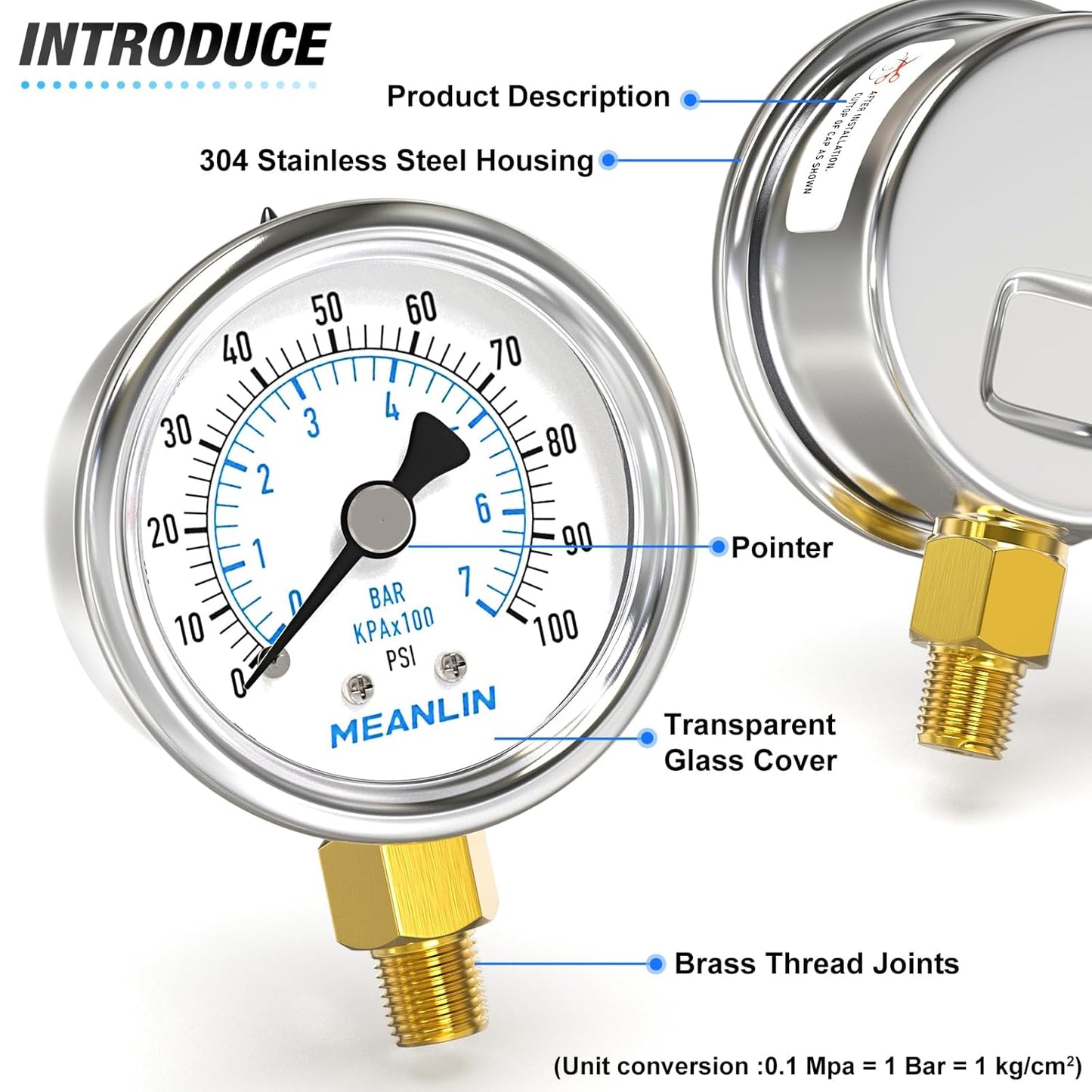 MEANLIN MEASURE 0~100Psi Dry Pressure Gauge Stainless Steel 1/8" NPT 2" FACE DIAL Waterproof for Well Pump Water Tire Water Pressure Tester Lower Mount with 1/4" NPT and 3/8" NPT Hex Bushing