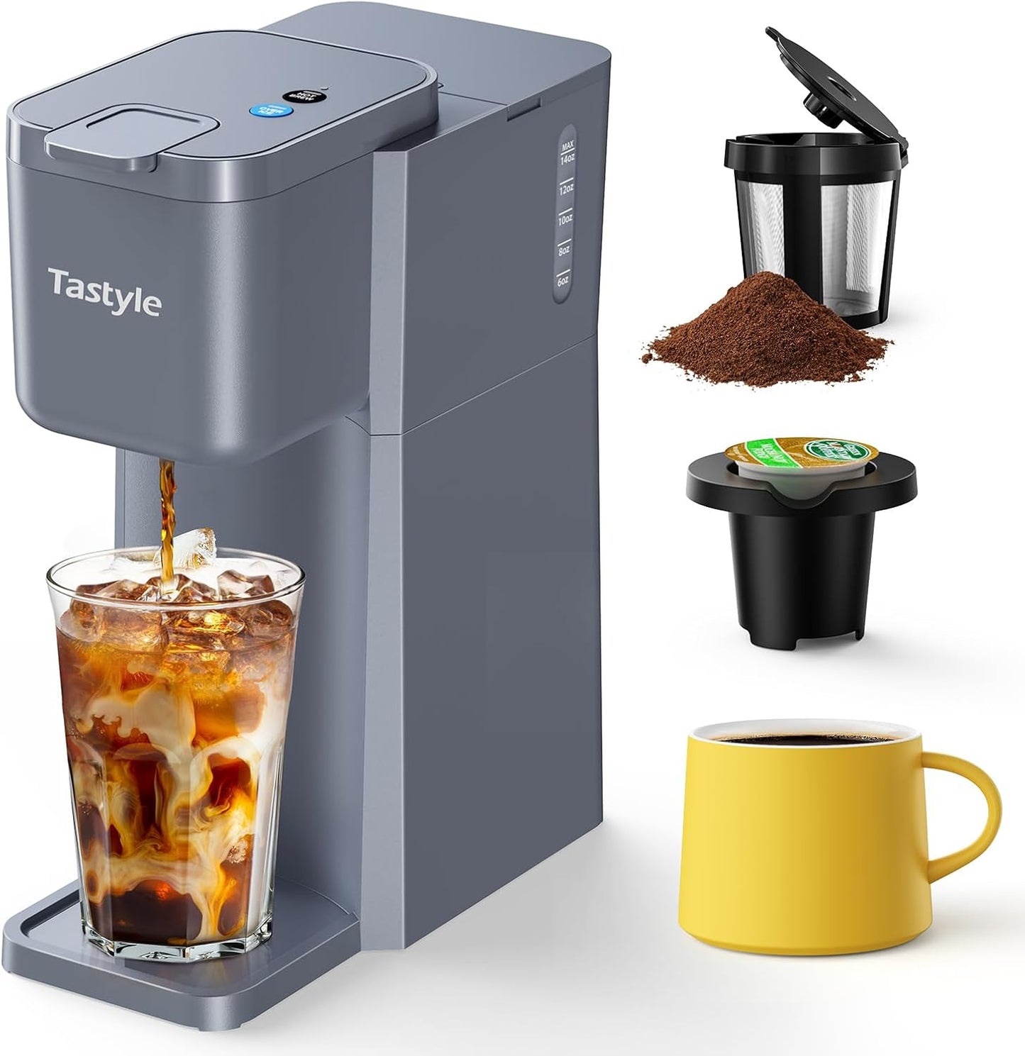 Mini Hot and Iced Coffee Maker Single Serve, for K Cup and Ground, 6 to 14 Oz Brew Sizes, with Recipe Book, for Home, Travel, RV, Office and Dorm, Elegant Gray